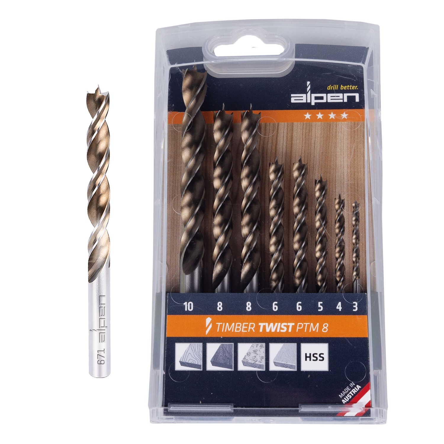 Alpen Timber Twist Drill Bit Set Ptm8-8 3, 4, 5, 10.0Mm, X2 6, 8.0Mm