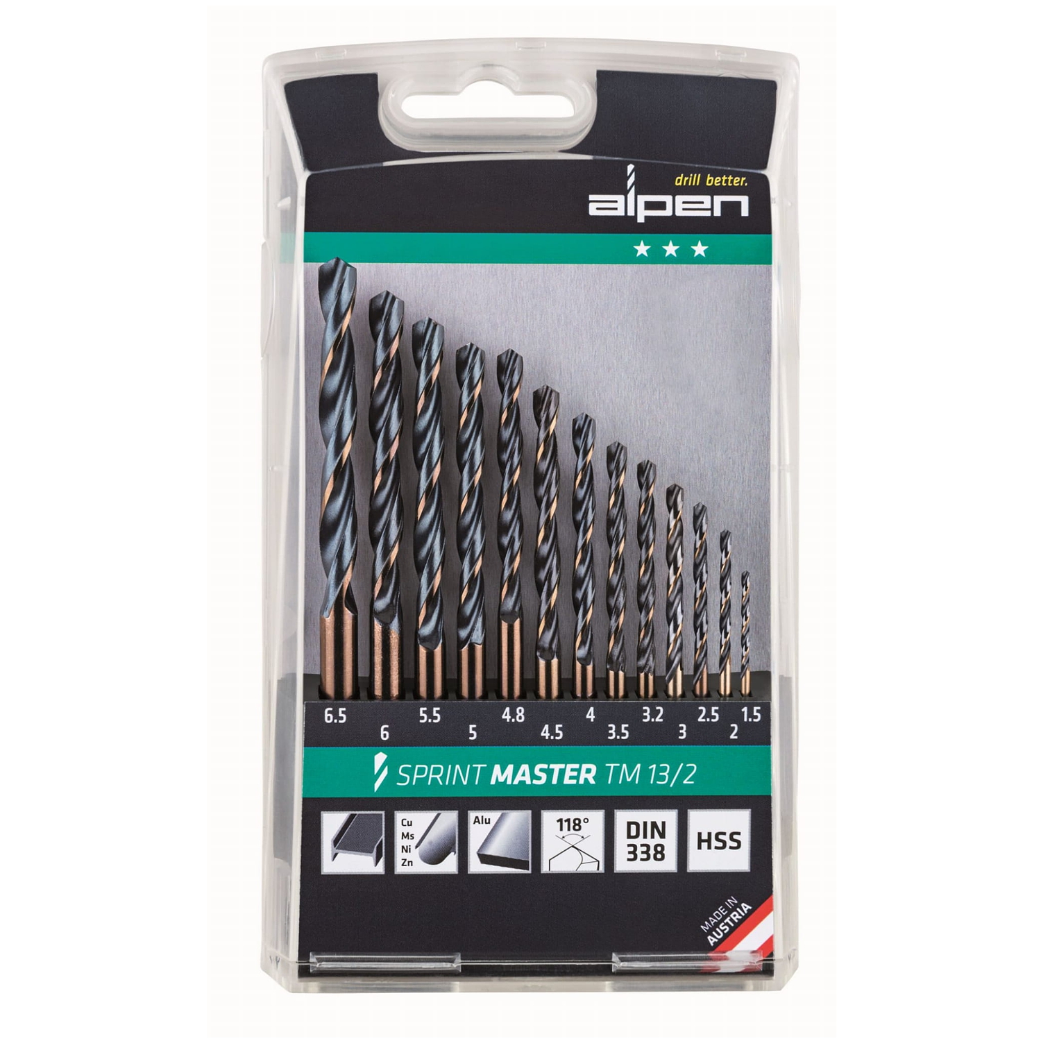 Alpen Hss Sprint Master Drill Bit Set 13 Piece 1.5-6.5 3.2+4.8 Tm13-2