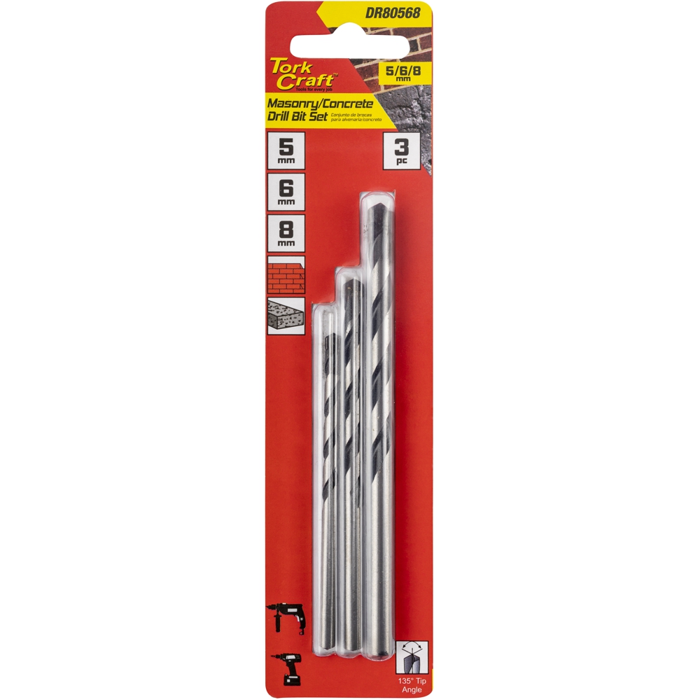 Tork Craft Drill Bit Masonry/Concrete 3Pc Set 5-6-8Mm