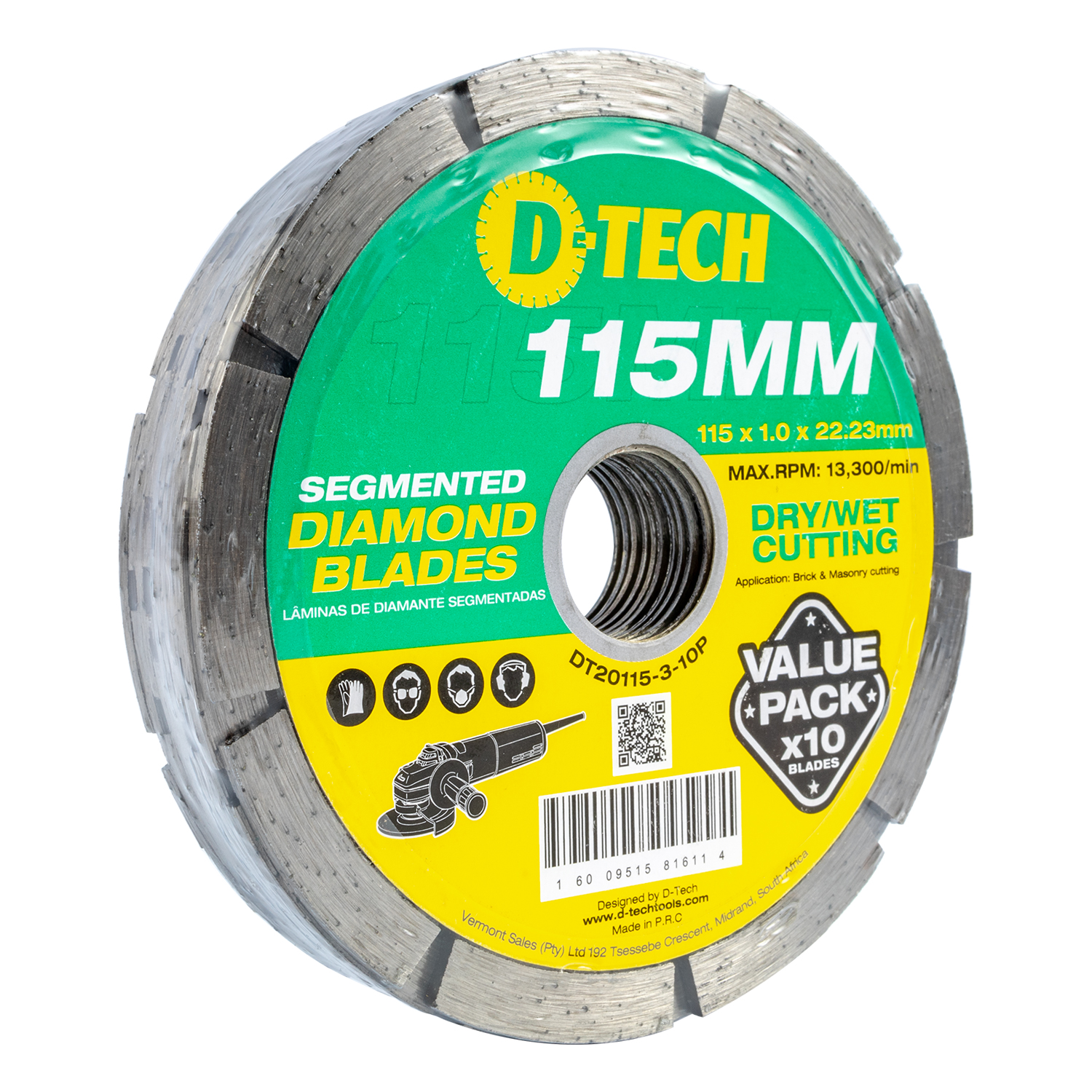 D-Tech Diamond Blade Segmented 115 X 22.23 Brick & Masonry 10Pack