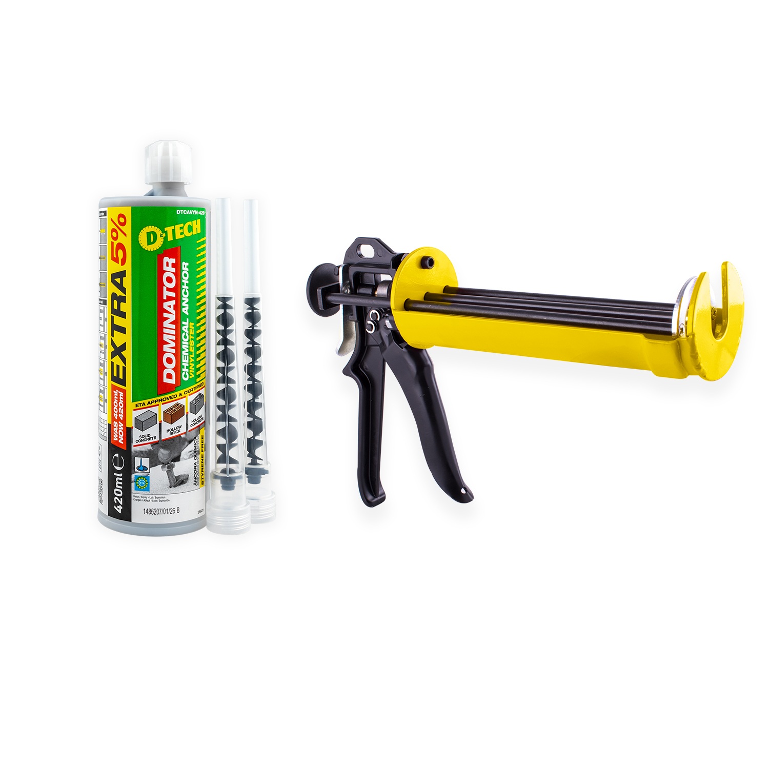 D-Tech 12Pc Chemical Anchor Vinylester 420Ml Styrene Free C/W 2 Caulking Gun