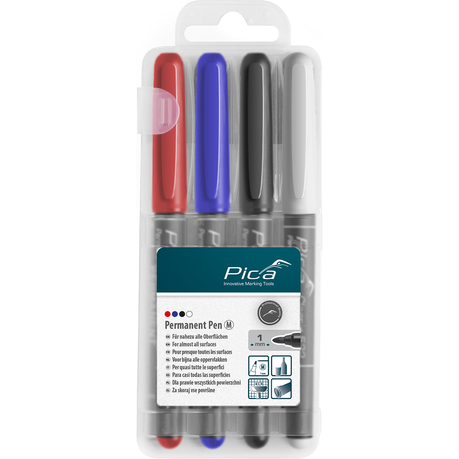 Pica Permanent Pen 4Pcs Set Medium Ass. Colors With Instand-White Pen