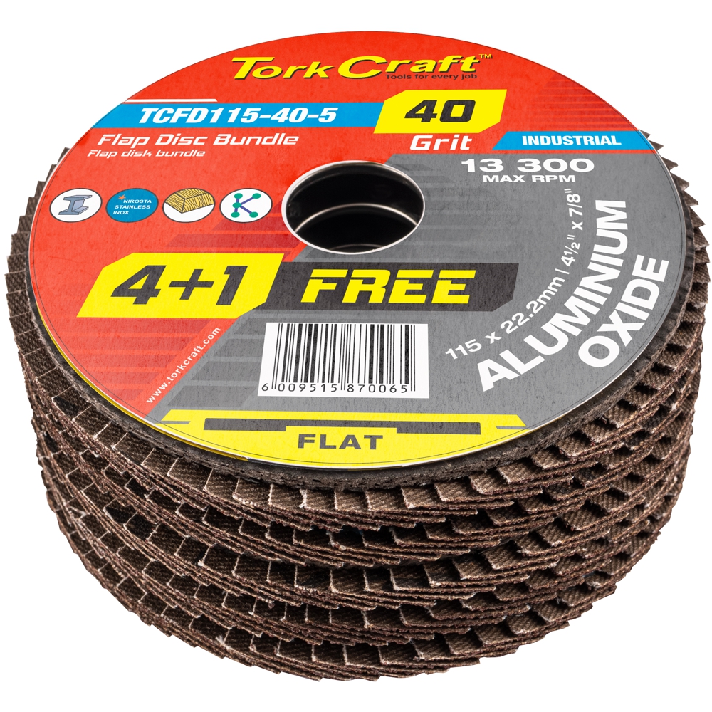 Tork Craft Flap Sanding Disc 115Mm 40Grit 4+1 Free A/O