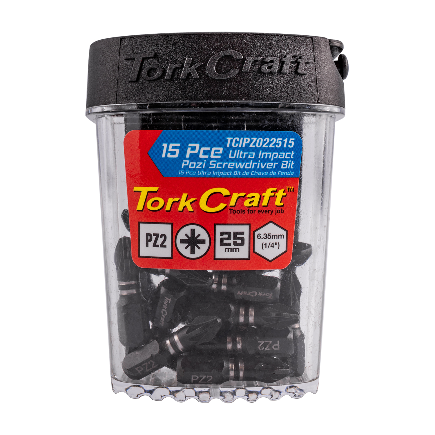 Tork Craft Impact Pozi.2 X 25Mm Insert Bit 15Pc Tic Tac Case Pz2