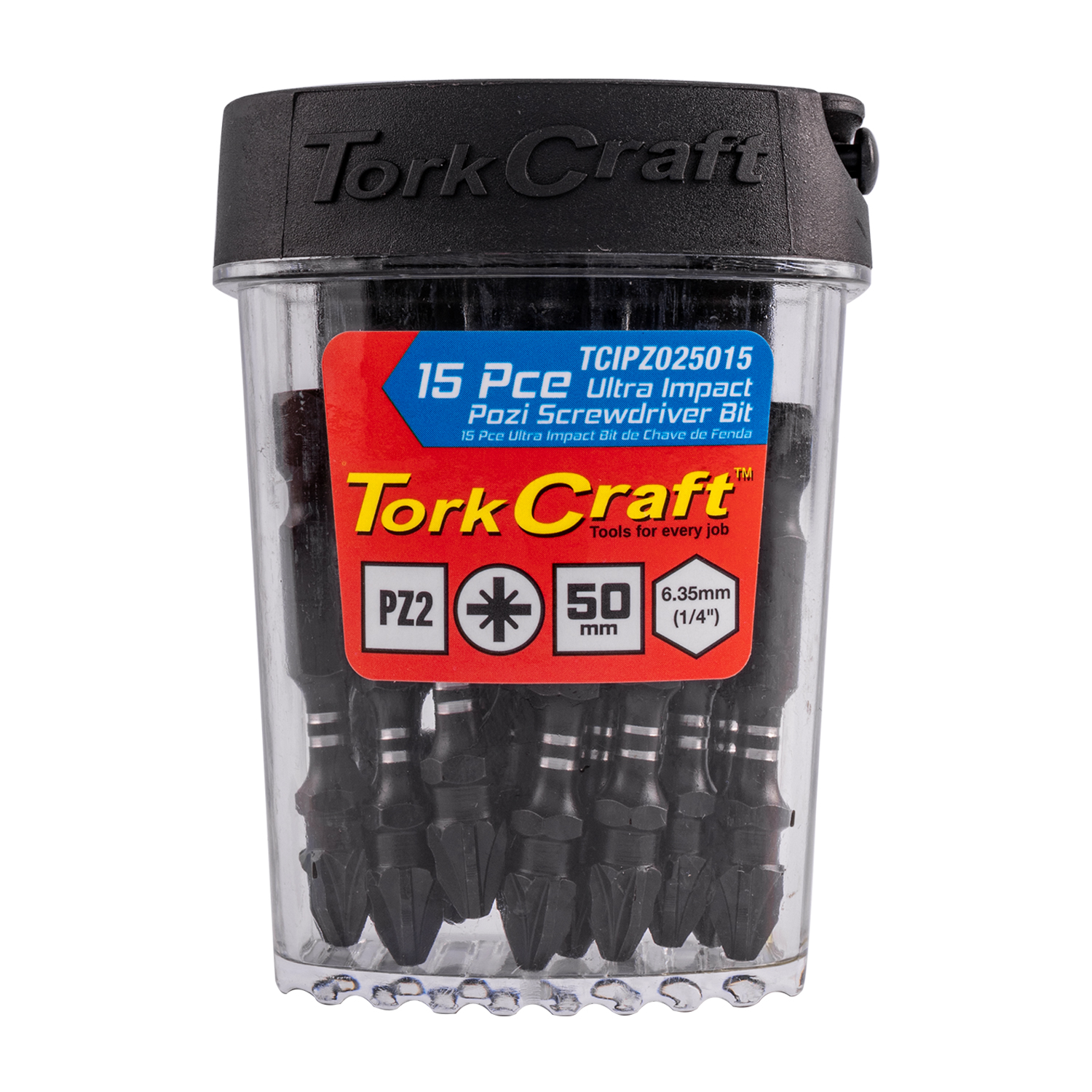 Tork Craft Impact Pozi.2 X 50Mm Insert Bit 15Pc Tic Tac Case Pz2