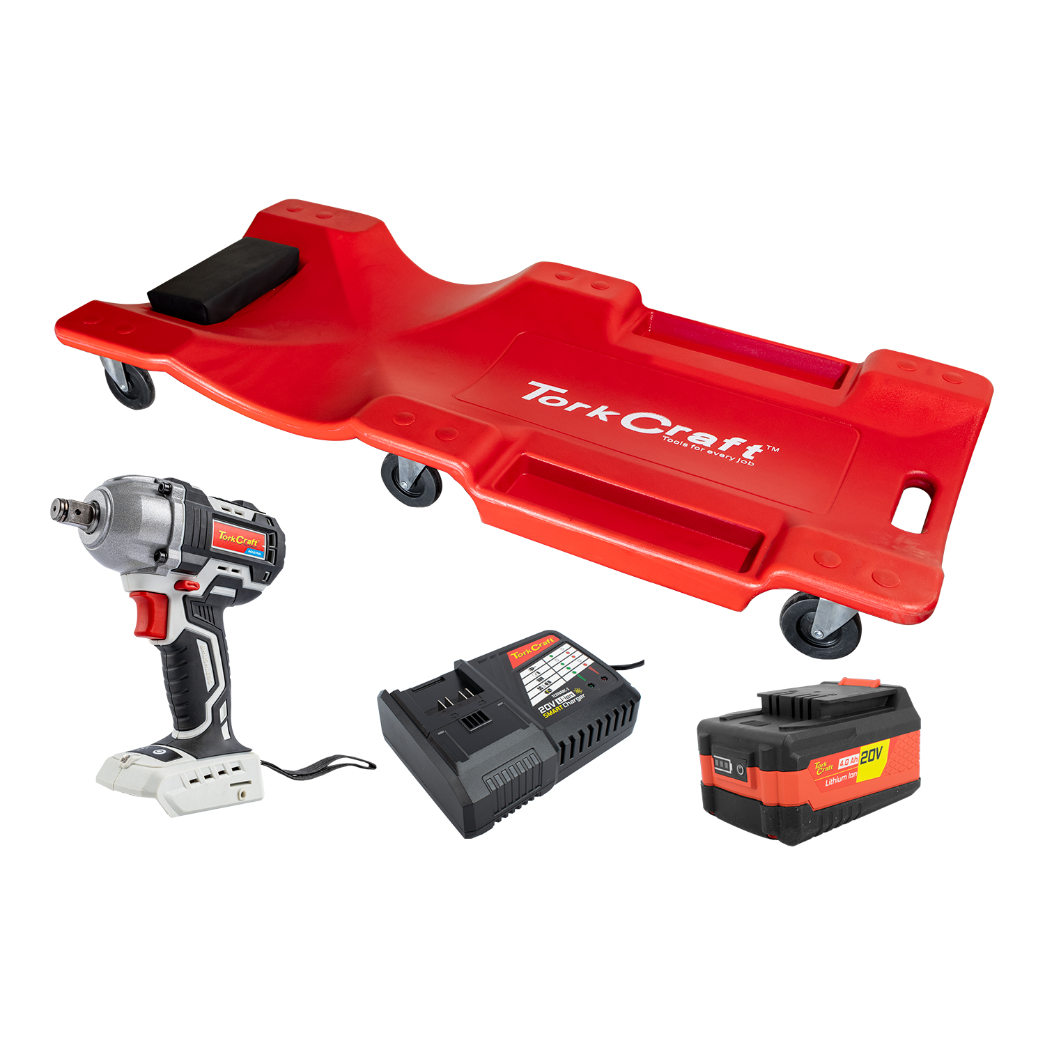 Tork Craft Imp. Wrench 450Nm 4.0Ah Bat Smart Charger Plastic Creeper Combo